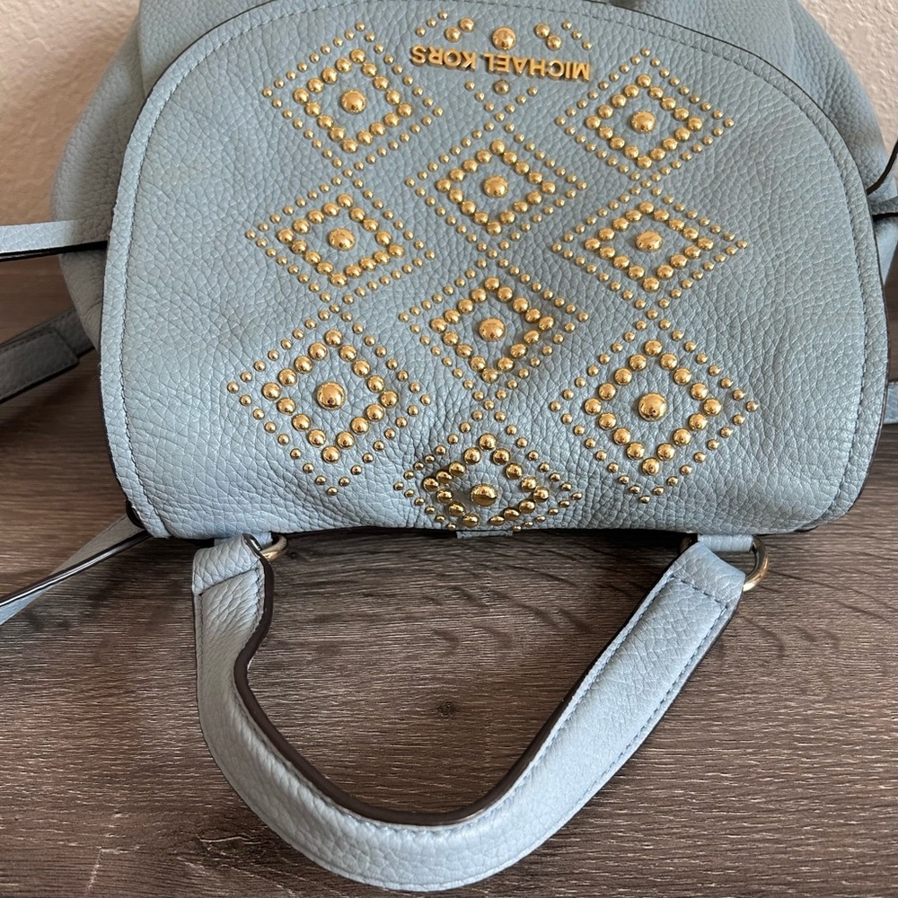 Gold Studded | Drawstring Flap Backpack | Pale Blue - Picture 5 of 17